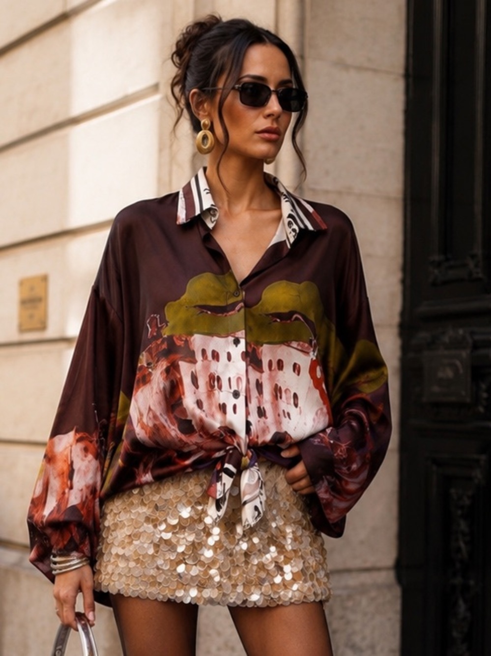 IT11. Made In Italy Abstract Art Print Silky Button-Up Blouse